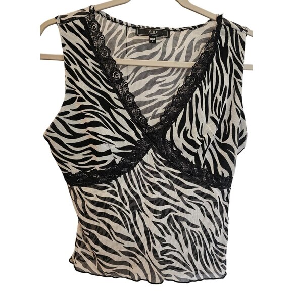 Vibe Cami Top Blouse Zebra Print V Neck Lace Sheer Black White Juniors Sz L NWT - Picture 1 of 8